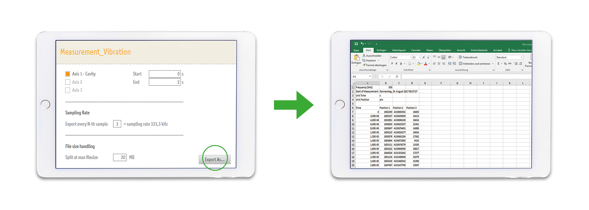 displacement sensors, features, wave software, csv export